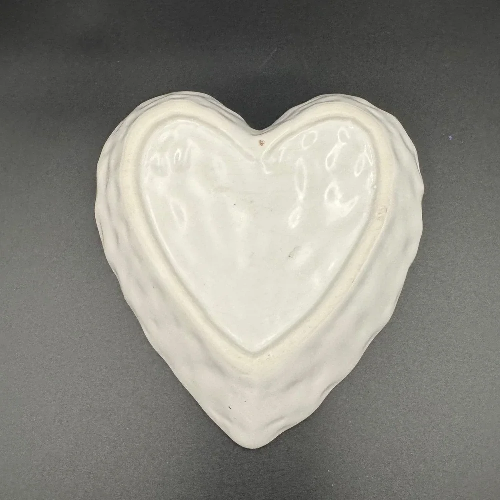 White Ceramic Heart Trinket Dish Love Stamped Jewelry Ring Bowl Farmhouse Decor